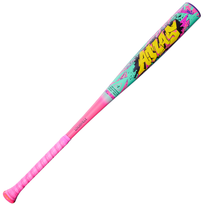 The 2026 Louisville Slugger Atlas Wildstyle (-3) BBCOR Baseball Bat (WBL4178010) features a vibrant pink handle, teal and purple barrel, bold yellow ATLAS graffiti lettering, and a modern 1-piece alloy design from Louisville Slugger.