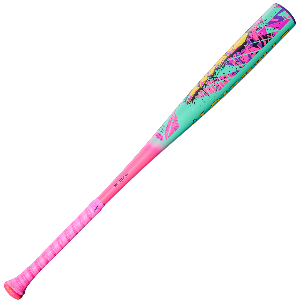 Colorful atlas bbcor baseball bat with pink and green design on a white background