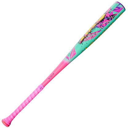 The 2026 Louisville Slugger Atlas Wildstyle (-3) BBCOR Baseball Bat (WBL4178010) features a vibrant, artistic design with a pink grip, teal handle, and colorful geometric patterns on its 1-piece alloy construction.