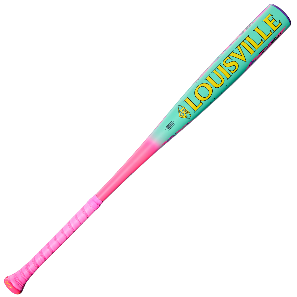 The 2026 Louisville Slugger Atlas Wildstyle (-3) BBCOR bat features a pink handle, gradient blue-to-green barrel, and bold yellow LOUISVILLE branding, highlighting the iconic 1-piece alloy Louisville Slugger design.