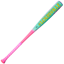 The 2026 Louisville Slugger Atlas Wildstyle (-3) BBCOR bat features a pink handle, gradient blue-to-green barrel, and bold yellow LOUISVILLE branding, highlighting the iconic 1-piece alloy Louisville Slugger design.