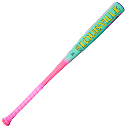 The 2026 Louisville Slugger Atlas Wildstyle (-3) BBCOR bat features a pink handle, gradient blue-to-green barrel, and bold yellow LOUISVILLE branding, highlighting the iconic 1-piece alloy Louisville Slugger design.