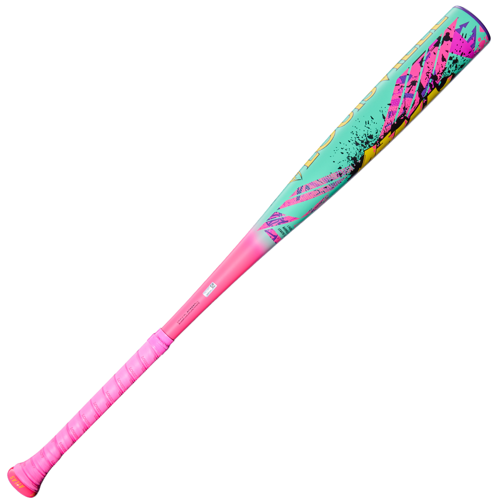 The 2026 Louisville Slugger Atlas Wildstyle (-3) BBCOR Baseball Bat (WBL4178010) features a vibrant pink handle, turquoise barrel with bold pink/yellow graphics, a pink end cap, and comes in new condition. Brand: Louisville Slugger.