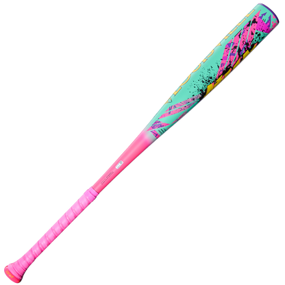 The 2026 Louisville Slugger Atlas Wildstyle (-3) BBCOR Baseball Bat (WBL4178010) features a vibrant pink handle, turquoise barrel with bold pink/yellow graphics, a pink end cap, and comes in new condition. Brand: Louisville Slugger.