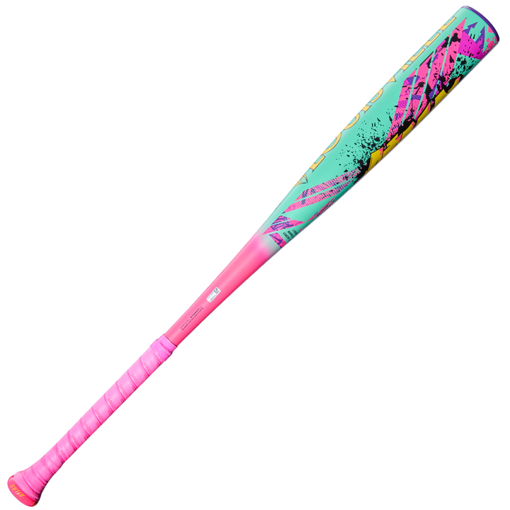 Colorful atlas bbcor baseball bat with pink handle on a white background