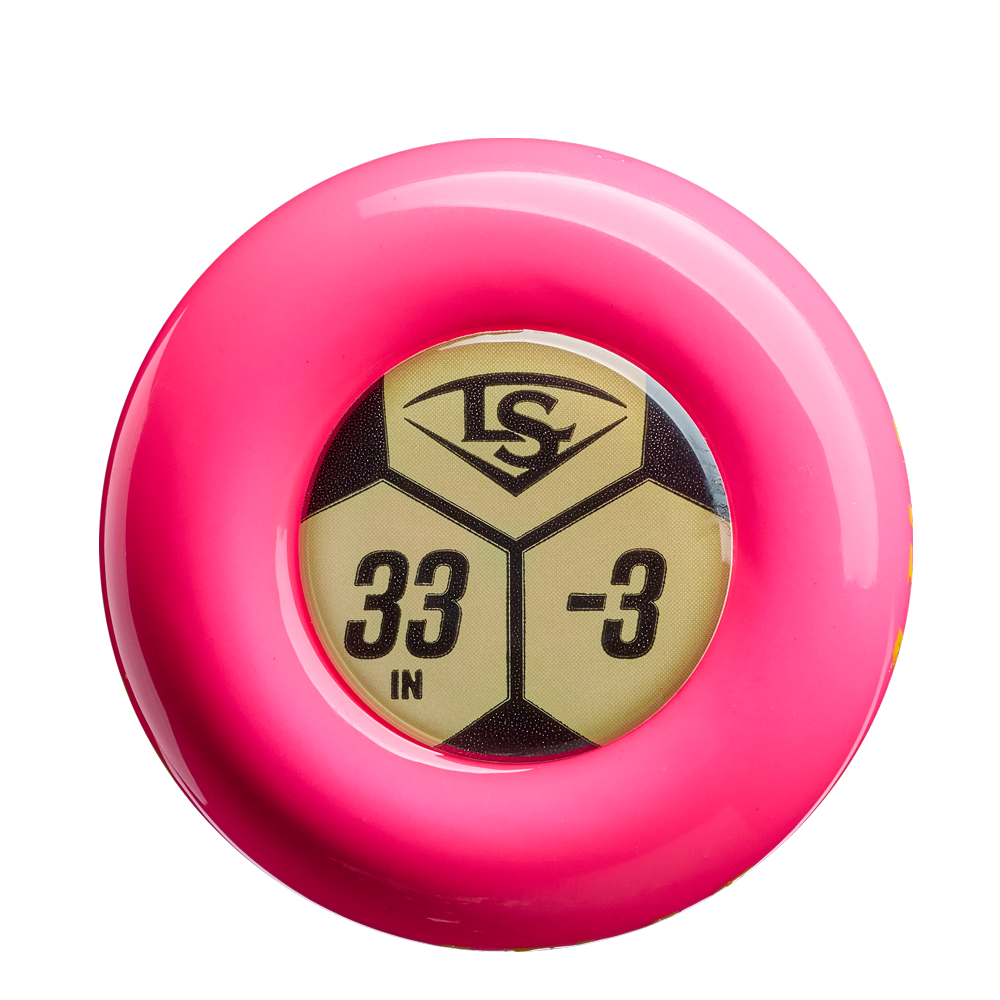 A pink circular object has a gold and black center label with LS, 33 IN, and -3, echoing the signature look of the Louisville Slugger Atlas Wildstyle (-3) BBCOR Baseball Bat (WBL4178010).