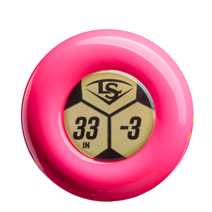 A pink circular object has a gold and black center label with LS, 33 IN, and -3, echoing the signature look of the Louisville Slugger Atlas Wildstyle (-3) BBCOR Baseball Bat (WBL4178010).