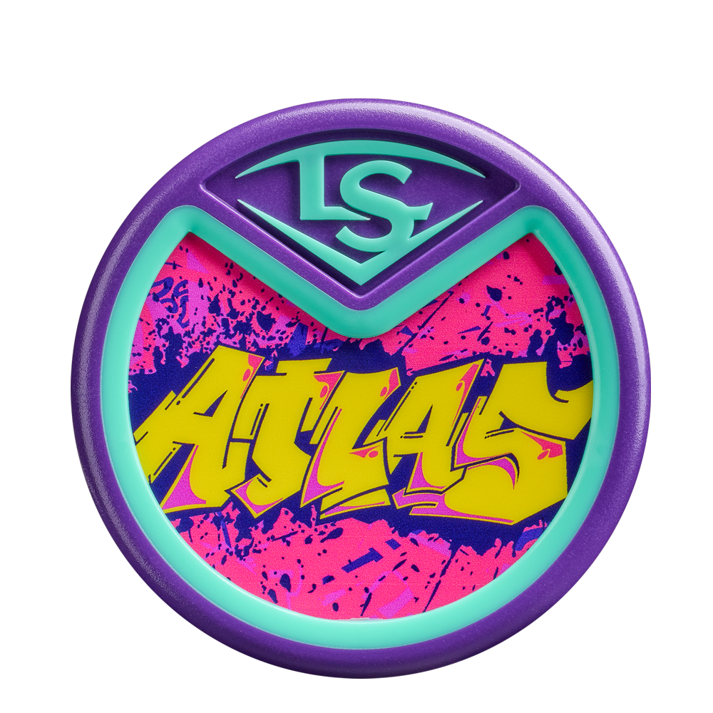 A round, purple badge with turquoise edging and bold yellow graffiti-style ATLAS text on a pink-blue splatter background showcases the stylized LS logo—celebrating the 2026 Louisville Slugger Atlas Wildstyle (-3) BBCOR Baseball Bat: WBL4178010.