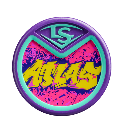 A round, purple badge with turquoise edging and bold yellow graffiti-style ATLAS text on a pink-blue splatter background showcases the stylized LS logo—celebrating the 2026 Louisville Slugger Atlas Wildstyle (-3) BBCOR Baseball Bat: WBL4178010.