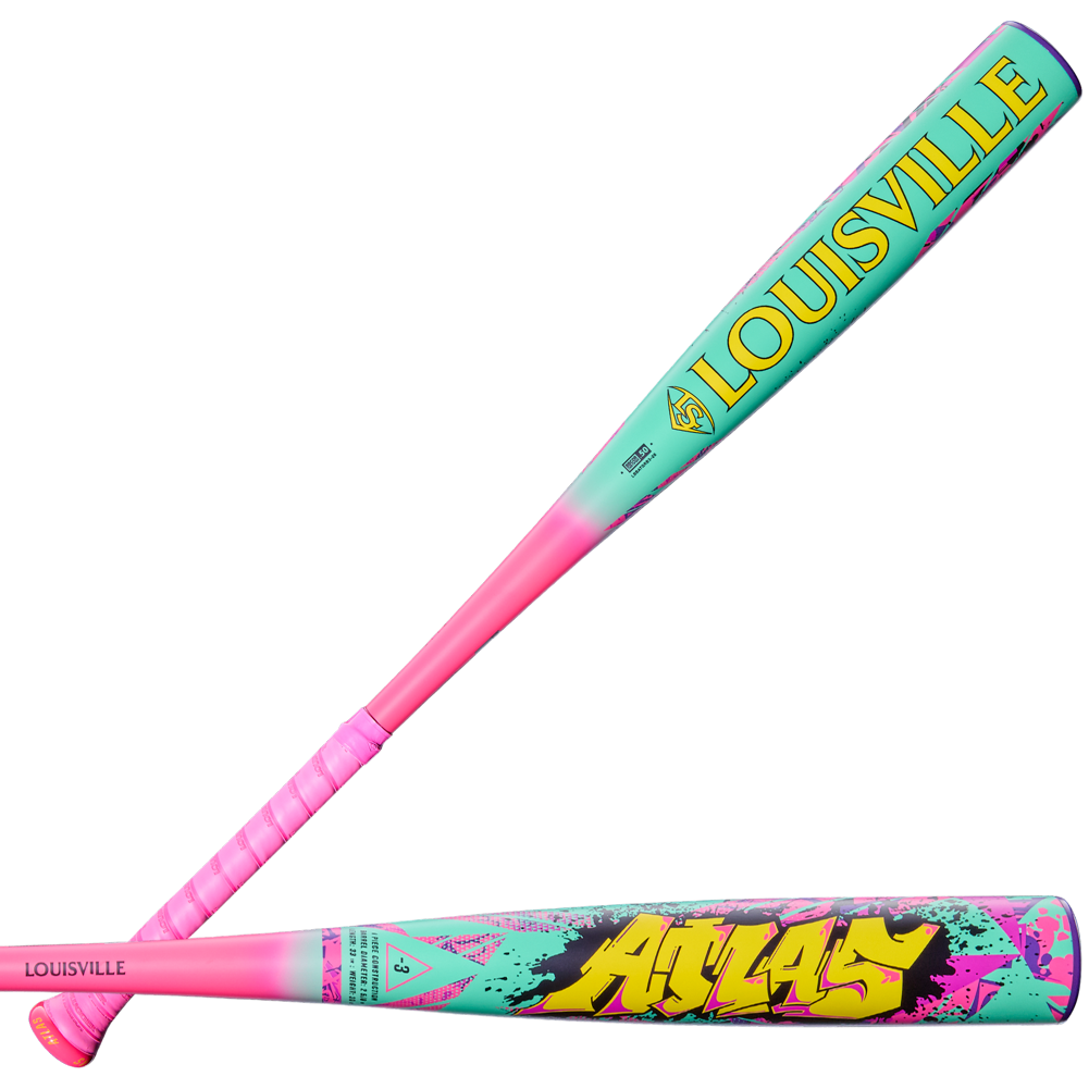 The 2026 Louisville Slugger Atlas Wildstyle (-3) BBCOR Baseball Bat (WBL4178010) features a pink handle, teal barrel, blue and black accents, "LOUISVILLE" in yellow on one side, and bold graffiti-style yellow "ATLAS" on the other.