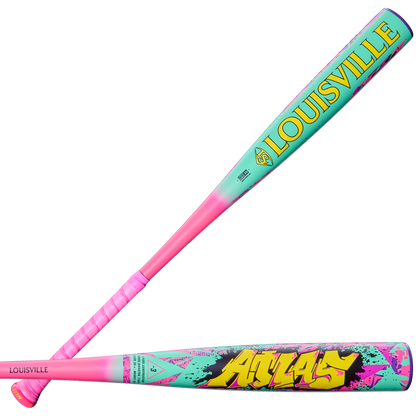 The 2026 Louisville Slugger Atlas Wildstyle (-3) BBCOR Baseball Bat (WBL4178010) features a pink handle, teal barrel, blue and black accents, "LOUISVILLE" in yellow on one side, and bold graffiti-style yellow "ATLAS" on the other.