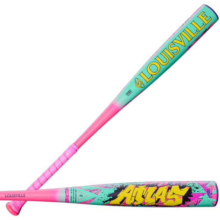 Two colorful atlas wlidstyle bbcor baseball bats with 'Louisville' branding on a white background