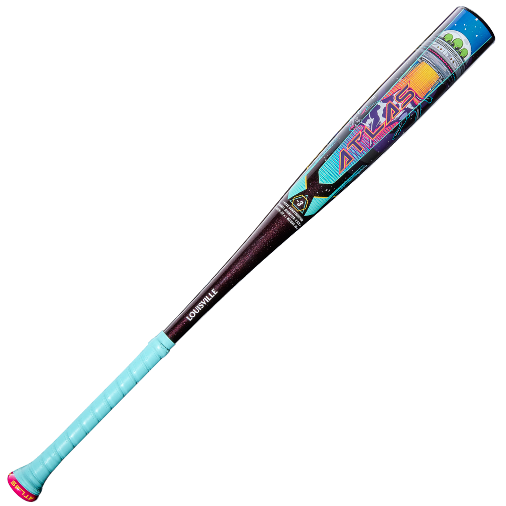 The 2026 Louisville Slugger Atlas A51 (-3) BBCOR Baseball Bat (WBL4180010) features a light blue grip, dark brown midsection, and a vibrant EVOKE Alloy Barrel design labeled ATLAS and LOUISVILLE.