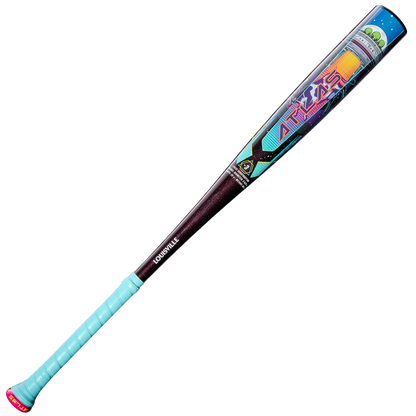 The 2026 Louisville Slugger Atlas A51 (-3) BBCOR Baseball Bat (WBL4180010) features a light blue grip, dark brown midsection, and a vibrant EVOKE Alloy Barrel design labeled ATLAS and LOUISVILLE.