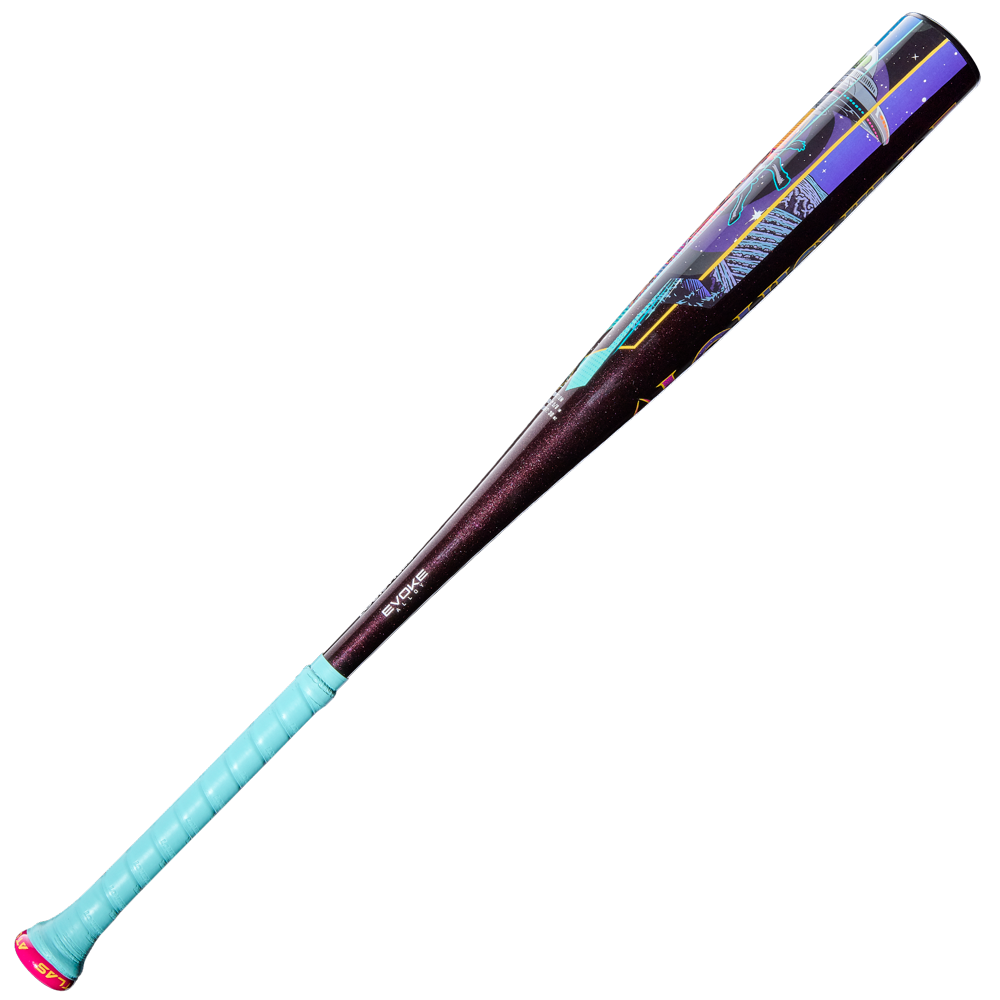 The 2026 Louisville Slugger Atlas A51 (-3) BBCOR Baseball Bat (WBL4180010) features a one-piece alloy build with a light blue grip, black barrel, and bold abstract purple, blue, and yellow designs.