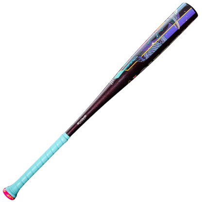 The 2026 Louisville Slugger Atlas A51 (-3) BBCOR Baseball Bat (WBL4180010) features a one-piece alloy build with a light blue grip, black barrel, and bold abstract purple, blue, and yellow designs.