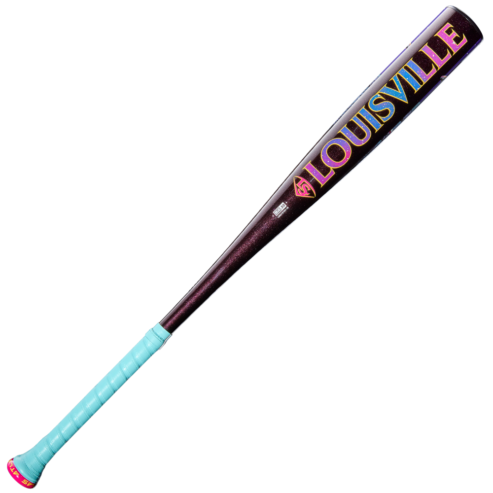 The 2026 Louisville Slugger Atlas A51 (-3) BBCOR Baseball Bat (WBL4180010) features a dark EVOKE Alloy Barrel, colorful LOUISVILLE lettering, and a light blue handle grip, displayed on a white background.