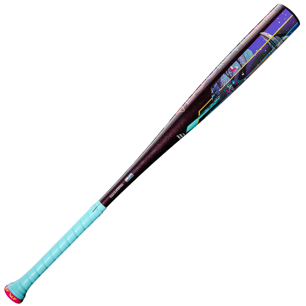 The 2026 Louisville Slugger Atlas A51 (-3) BBCOR Baseball Bat (WBL4180010) stands out with a turquoise handle, dark barrel, and vibrant graphics, featuring a sleek Atlas design and EVOKE Alloy Barrel for top performance.