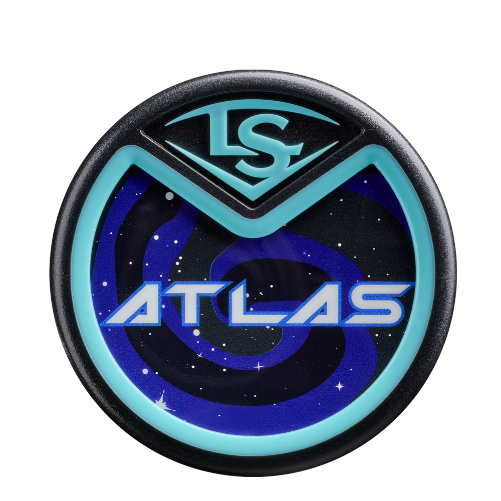 A circular emblem with a black and blue border features "LS" at the top and a stylized space scene with stars around "ATLAS" in bold, inspired by the 2026 Louisville Slugger Atlas A51 (-3) BBCOR Baseball Bat: WBL4180010.