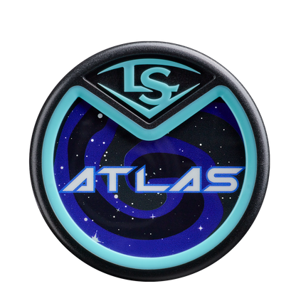 A circular emblem with a black and blue border features "LS" at the top and a stylized space scene with stars around "ATLAS" in bold, inspired by the 2026 Louisville Slugger Atlas A51 (-3) BBCOR Baseball Bat: WBL4180010.