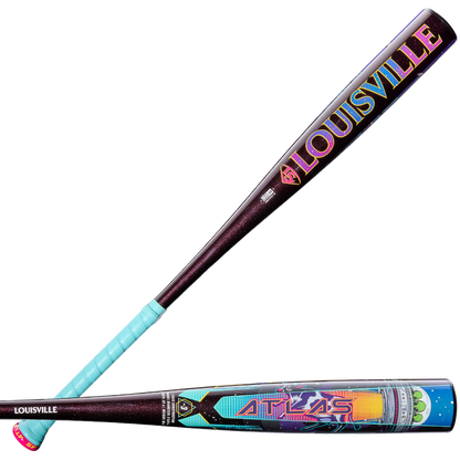 Two views of the 2026 Louisville Slugger Atlas A51 (-3) BBCOR Baseball Bat (WBL4180010): one side shows the bold Louisville Slugger name, the other features a vibrant geometric design and Atlas lettering. The one-piece alloy bat has a light blue handle.