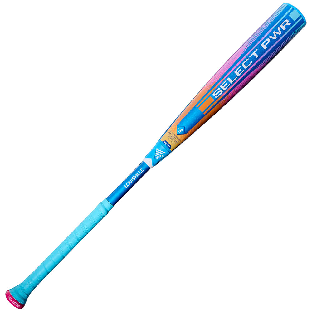 The 2026 Louisville Slugger Select PWR Love the Moment (-3) BBCOR Baseball Bat features a blue grip, pink end cap, and a vibrant blue, orange, and purple gradient barrel with “SELECT PWR” and “LOUISVILLE” printed on it.