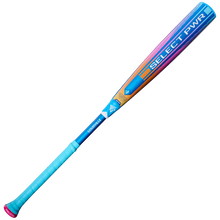 The 2026 Louisville Slugger Select PWR Love the Moment (-3) BBCOR Baseball Bat features a blue grip, pink end cap, and a vibrant blue, orange, and purple gradient barrel with “SELECT PWR” and “LOUISVILLE” printed on it.