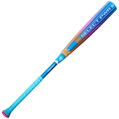 The 2026 Louisville Slugger Select PWR Love the Moment (-3) BBCOR Baseball Bat features a blue grip, pink end cap, and a vibrant blue, orange, and purple gradient barrel with “SELECT PWR” and “LOUISVILLE” printed on it.