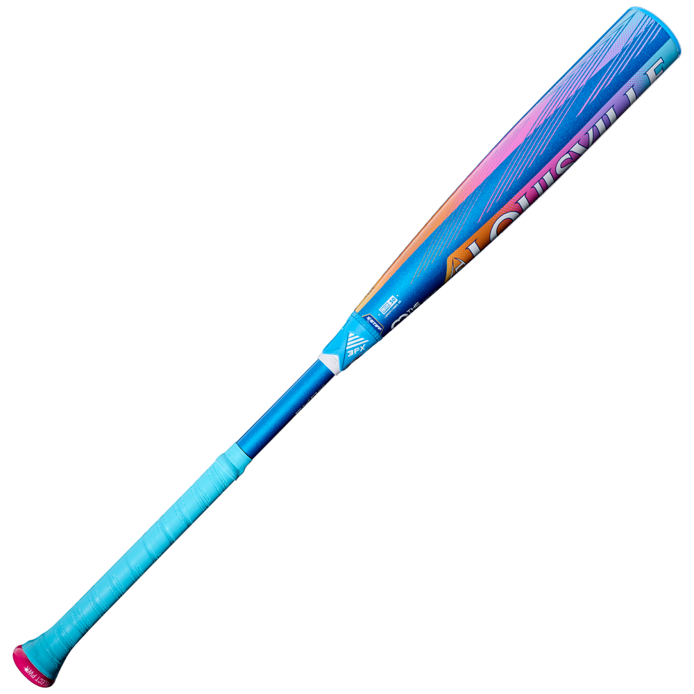 The 2026 Louisville Slugger Select PWR Love the Moment (-3) BBCOR Baseball Bat (WBL4181010) features a gradient blue and pink design, wrapped grip handle, and bold Louisville Slugger branding along the barrel.
