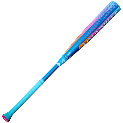 The 2026 Louisville Slugger Select PWR Love the Moment (-3) BBCOR Baseball Bat (WBL4181010) features a gradient blue and pink design, wrapped grip handle, and bold Louisville Slugger branding along the barrel.