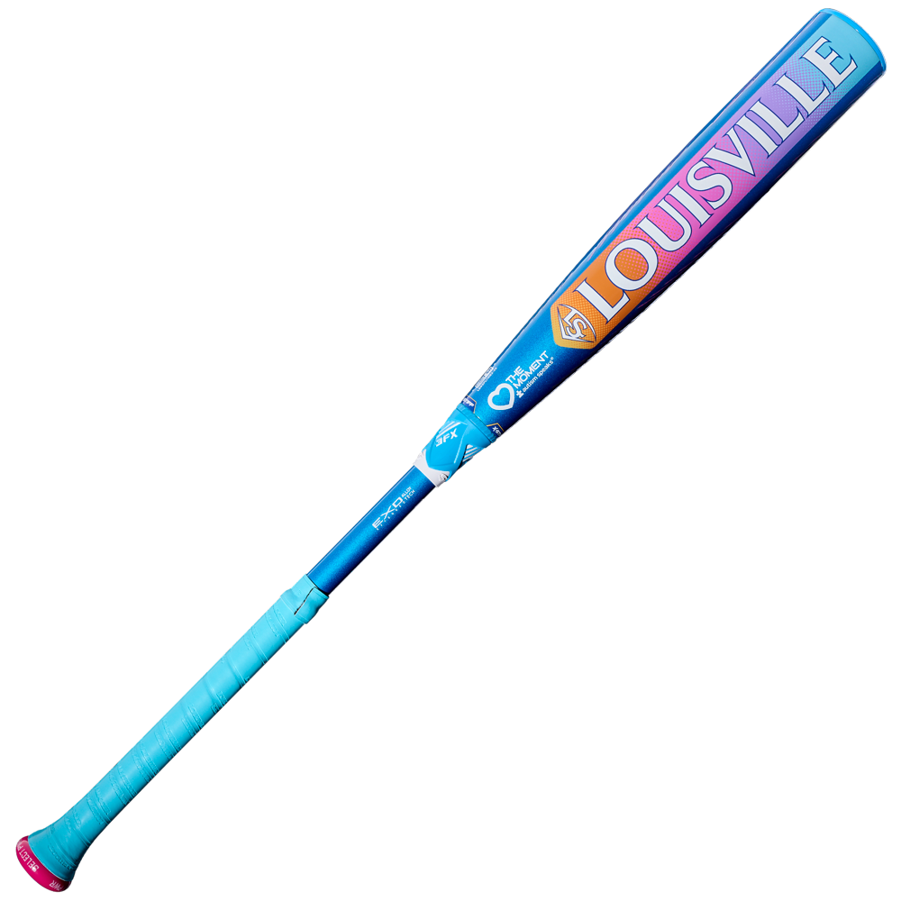 The 2026 Louisville Slugger Select PWR Love the Moment (-3) BBCOR Baseball Bat (WBL4181010) features a bright blue and purple gradient, a wrapped handle, and LOUISVILLE in bold orange and white lettering on the barrel.