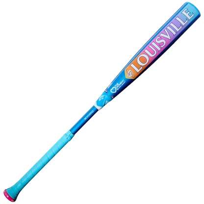 The 2026 Louisville Slugger Select PWR Love the Moment (-3) BBCOR Baseball Bat (WBL4181010) features a bright blue and purple gradient, a wrapped handle, and LOUISVILLE in bold orange and white lettering on the barrel.