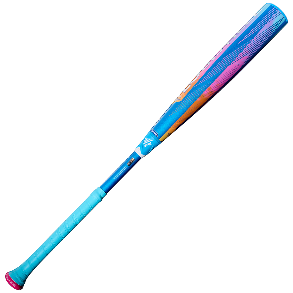 The 2026 Louisville Slugger Select PWR Love the Moment (-3) BBCOR Baseball Bat (WBL4181010) features vibrant shades of blue, pink, orange, and purple with a turquoise grip and pink knob, all set against a plain white background.