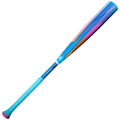 The 2026 Louisville Slugger Select PWR Love the Moment (-3) BBCOR Baseball Bat (WBL4181010) features vibrant shades of blue, pink, orange, and purple with a turquoise grip and pink knob, all set against a plain white background.