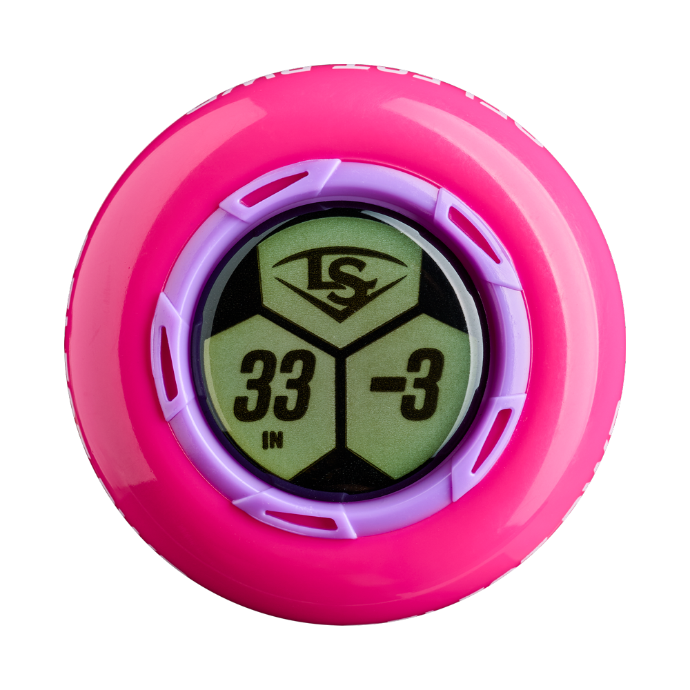 A round pink digital device with a green screen showing "33 IN -3" and a black LS logo at the top, referencing the 2026 Louisville Slugger Select PWR Love the Moment (-3) BBCOR Baseball Bat (WBL4181010), is bordered by a purple ring.