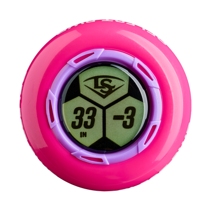 A round pink digital device with a green screen showing "33 IN -3" and a black LS logo at the top, referencing the 2026 Louisville Slugger Select PWR Love the Moment (-3) BBCOR Baseball Bat (WBL4181010), is bordered by a purple ring.