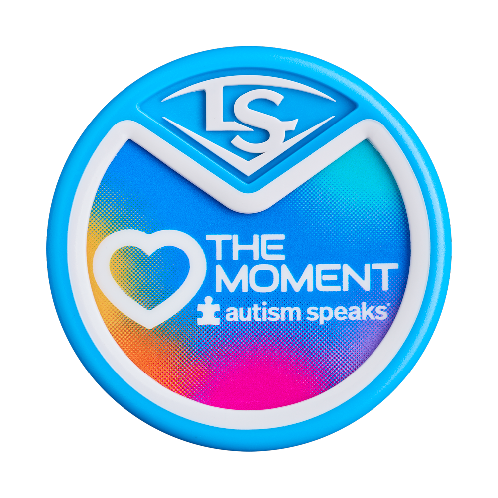 A circular blue badge with a white heart outline, "THE MOMENT" and Autism Speaks text on a colorful gradient, featuring the 2026 Louisville Slugger Select PWR Love the Moment (-3) BBCOR Baseball Bat: WBL4181010 logo at the top.