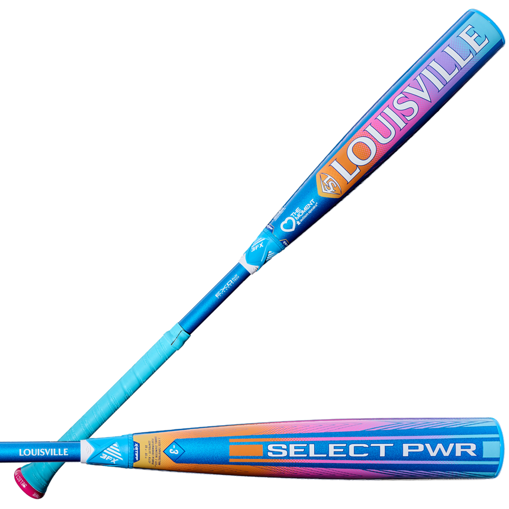 The 2026 Louisville Slugger Select PWR Love the Moment (-3) BBCOR Baseball Bat (WBL4181010) features a vibrant blue, purple, orange, and pink gradient design with “LOUISVILLE” on one side and “SELECT PWR” on the barrel.