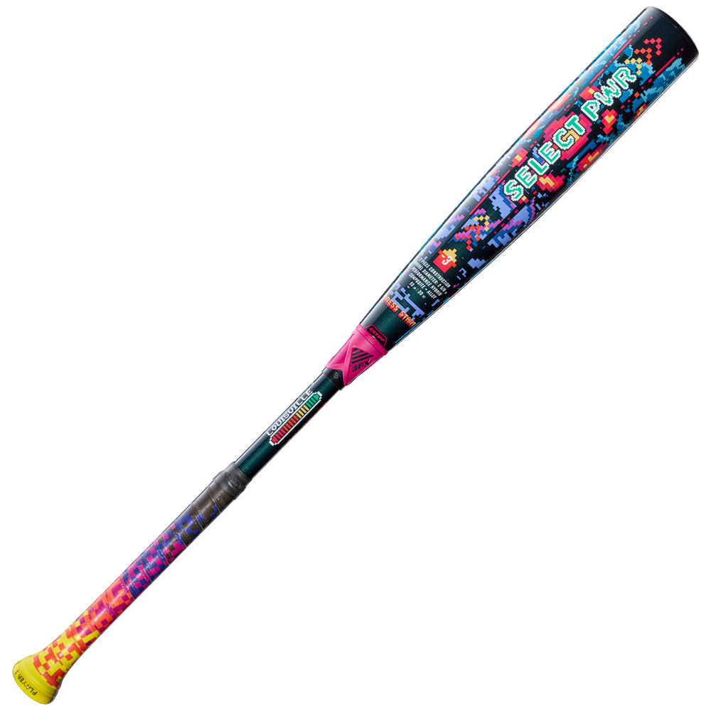 A 2026 Louisville Slugger Select PWR Player 1 (-3) BBCOR Baseball Bat (WBL4182010) with a yellow handle, black grip, vibrant pixelated design, and "Select PWR" on the barrel sits against a plain white background—ideal for power hitters.