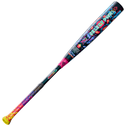 A 2026 Louisville Slugger Select PWR Player 1 (-3) BBCOR Baseball Bat (WBL4182010) with a yellow handle, black grip, vibrant pixelated design, and "Select PWR" on the barrel sits against a plain white background—ideal for power hitters.