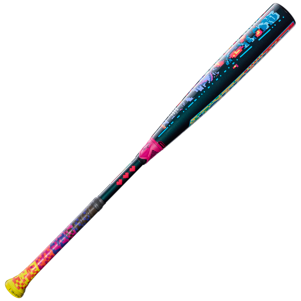 The 2026 Louisville Slugger Select PWR Player 1 (-3) BBCOR Baseball Bat features a pixelated, neon city skyline design with a yellow handle—perfect for power hitters seeking both standout style and performance.