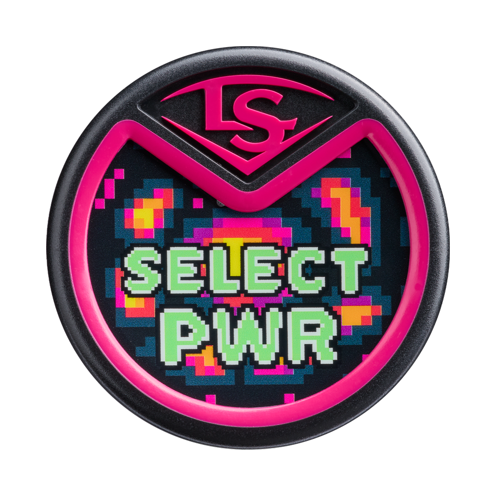 A circular patch with a pink border, pixelated colorful background, and "SELECT PWR" in green block letters. The top has a pink LS logo, inspired by the 2026 Louisville Slugger Select PWR Player 1 BBCOR baseball bat for power hitters.