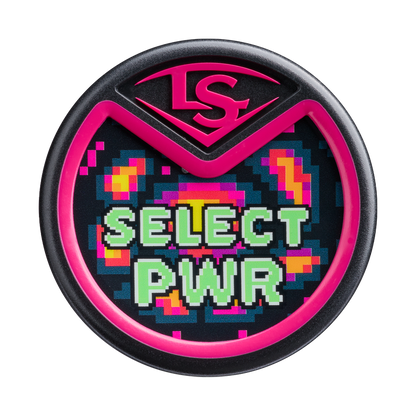 A circular patch with a pink border, pixelated colorful background, and "SELECT PWR" in green block letters. The top has a pink LS logo, inspired by the 2026 Louisville Slugger Select PWR Player 1 BBCOR baseball bat for power hitters.