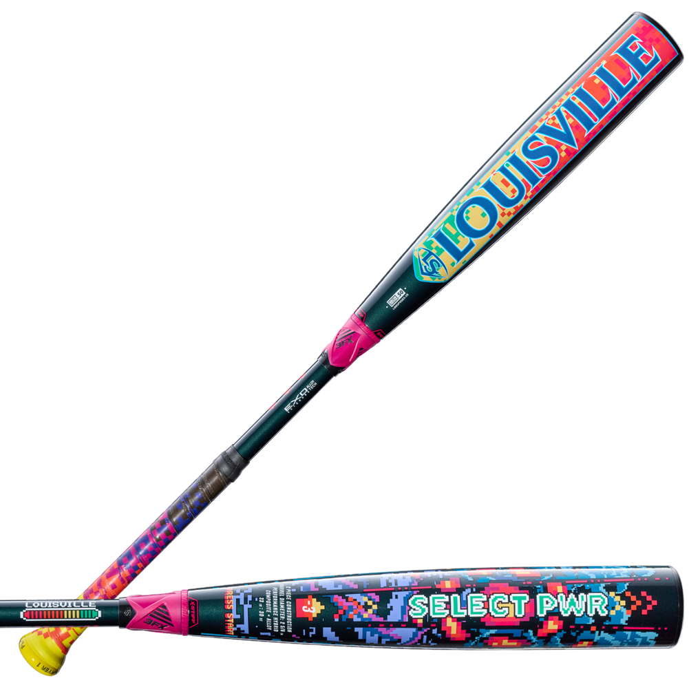 The 2026 Louisville Slugger Select PWR Player 1 (-3) BBCOR Baseball Bat (WBL4182010) features bold, vibrant designs with "LOUISVILLE" and "SELECT PWR" in multicolored, pixelated text—ideal for power hitters.