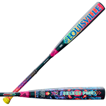 The 2026 Louisville Slugger Select PWR Player 1 (-3) BBCOR Baseball Bat (WBL4182010) features bold, vibrant designs with "LOUISVILLE" and "SELECT PWR" in multicolored, pixelated text—ideal for power hitters.