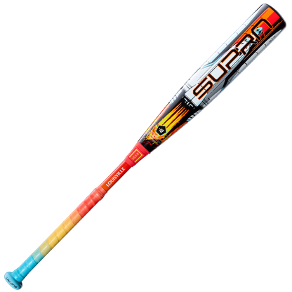 The 2026 Louisville Slugger Supra Starship (-10) USSSA baseball bat features a vibrant red, orange, and blue gradient handle, bold graphics, a composite barrel, and "SLUGGER" plus the Louisville Slugger logo on the barrel.