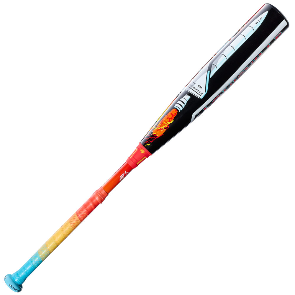 The 2026 Louisville Slugger Supra Starship (-10) USSSA Baseball Bat features a vibrant blue-to-red gradient handle and a dynamic composite barrel with rocket flames, delivering standout style and performance.