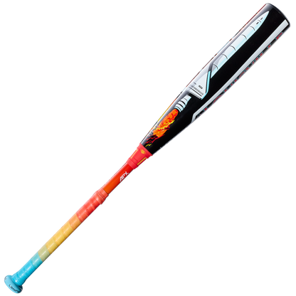 The 2026 Louisville Slugger Supra Starship (-10) USSSA Baseball Bat features a vibrant blue-to-red gradient handle and a dynamic composite barrel with rocket flames, delivering standout style and performance.