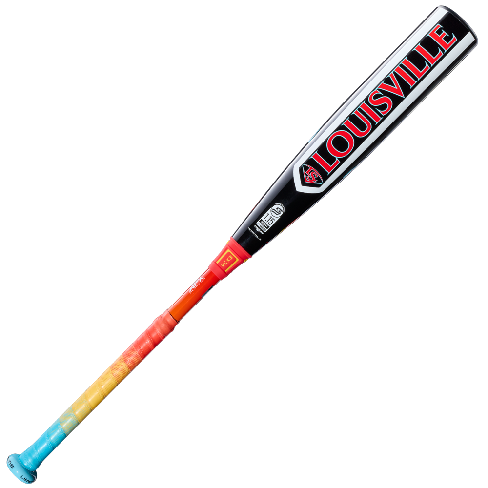 The 2026 Louisville Slugger Supra Starship (-10) USSSA Baseball Bat features a composite barrel, black finish with a red LOUISVILLE logo, and a rainbow gradient grip shifting through blue, green, yellow, orange, and red.