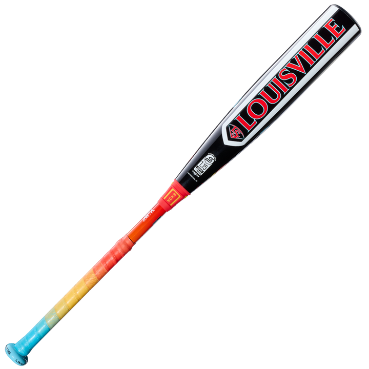 The 2026 Louisville Slugger Supra Starship (-10) USSSA Baseball Bat features a composite barrel, black finish with a red LOUISVILLE logo, and a rainbow gradient grip shifting through blue, green, yellow, orange, and red.